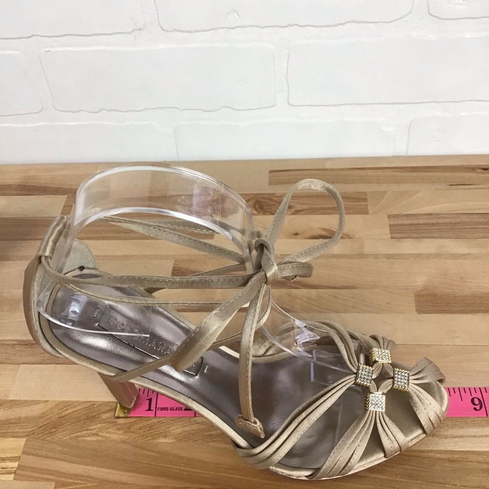 BCBGMAXAZRIA Nude satin heeled sandals incrusred jewels crystal size 6.5 leather - Picture 12 of 16